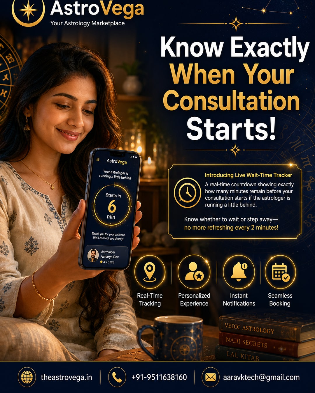 Lesser-known AstroVega feature: the Live Wait-Time Tracker, a real-time countdown showing exactly how many minutes remain before your consultation starts if the astrologer is running a little behind, so you know whether to wait or step away instead of ref