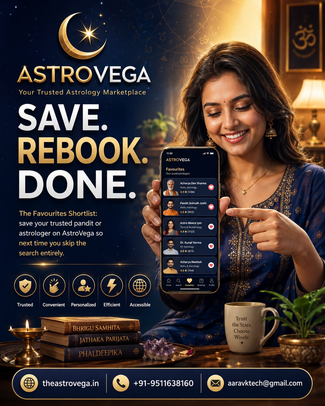 The Favourites Shortlist: save your trusted pandit or astrologer on AstroVega so next time you skip the search entirely