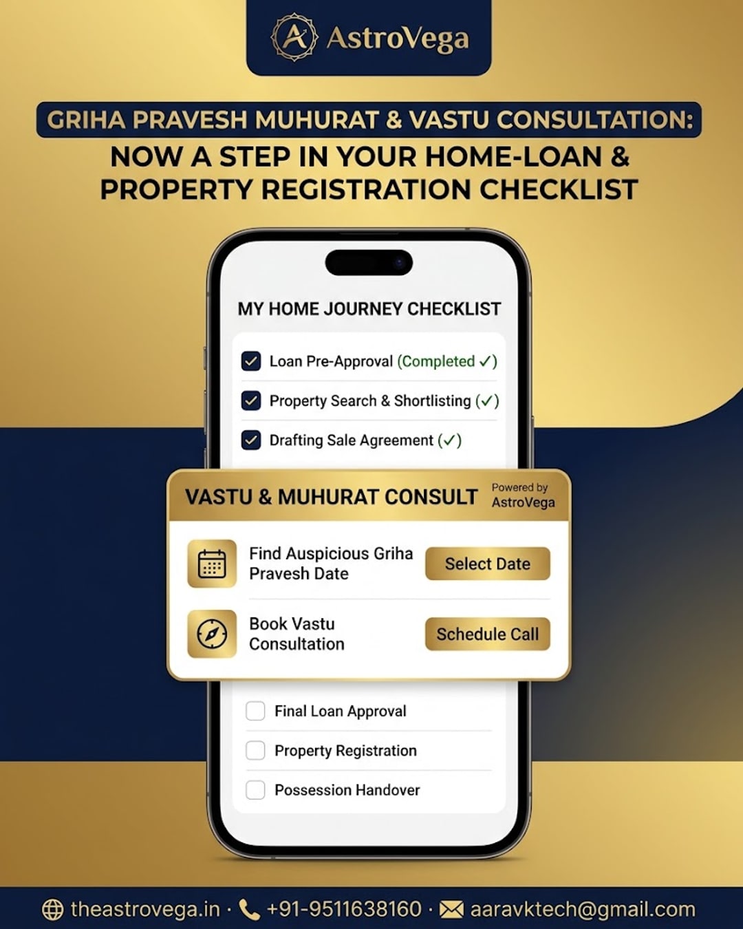 AstroVega syncs into the home-loan & property registration checklist you already use — Griha Pravesh muhurat and Vastu consultation appear as a step, not a separate app