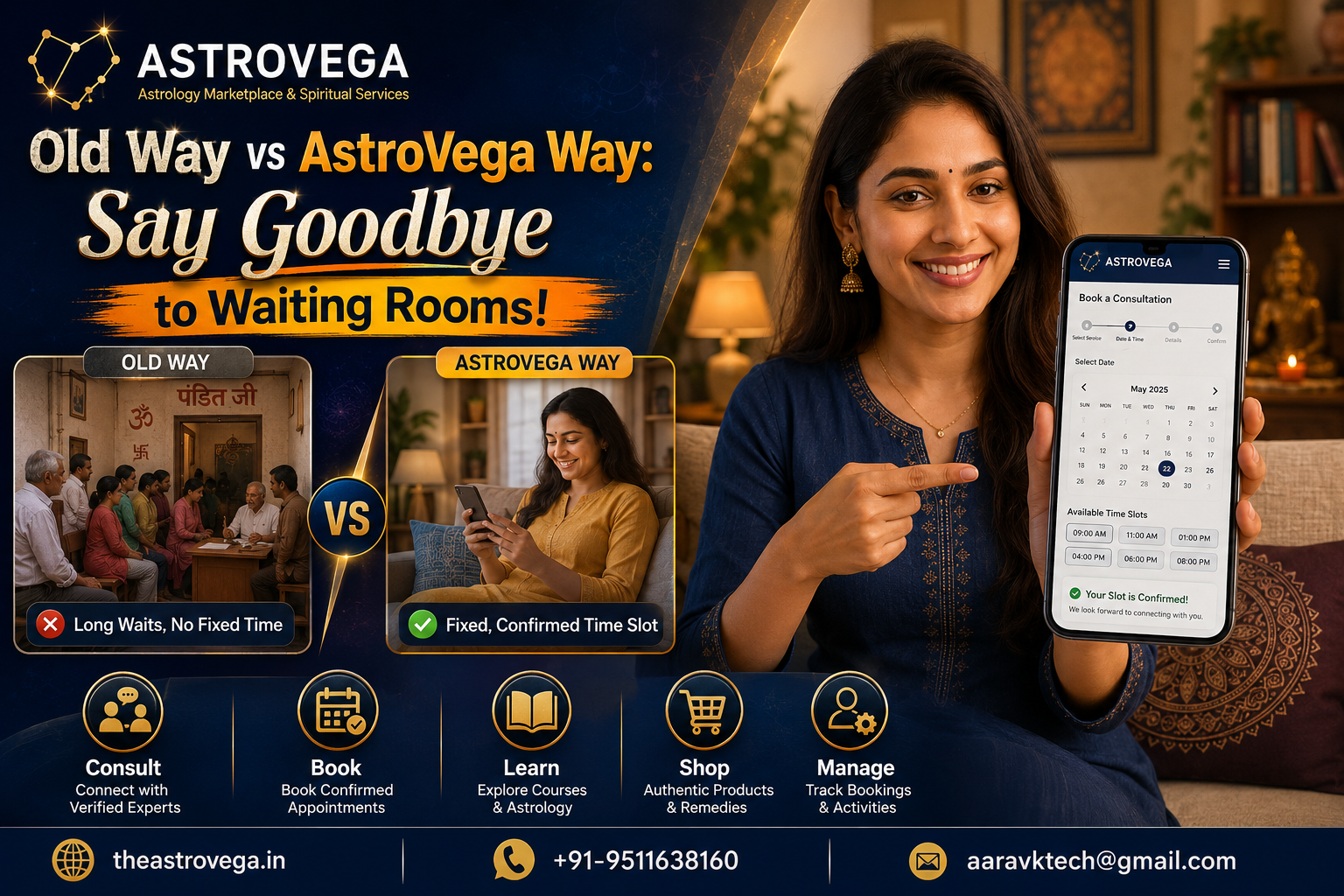 Old Way vs AstroVega Way: Waiting in a Physical Queue at a Pandit's Office vs a Fixed Confirmed Time Slot Online