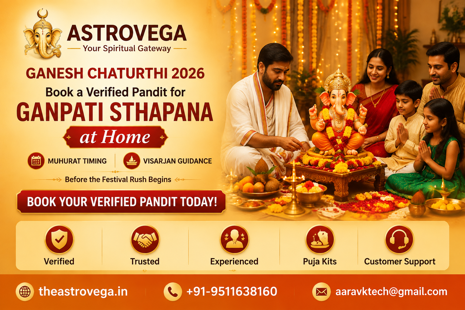Ganesh Chaturthi 2026: book a verified pandit for Ganpati Sthapana at home, with muhurat timing and visarjan guidance, before the festival rush begins