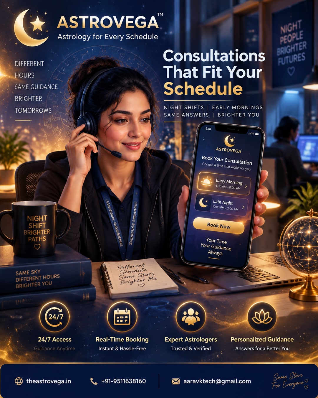 Night-shift and BPO employees booking early-morning or late-night astrology consultations on AstroVega that fit their odd work hours