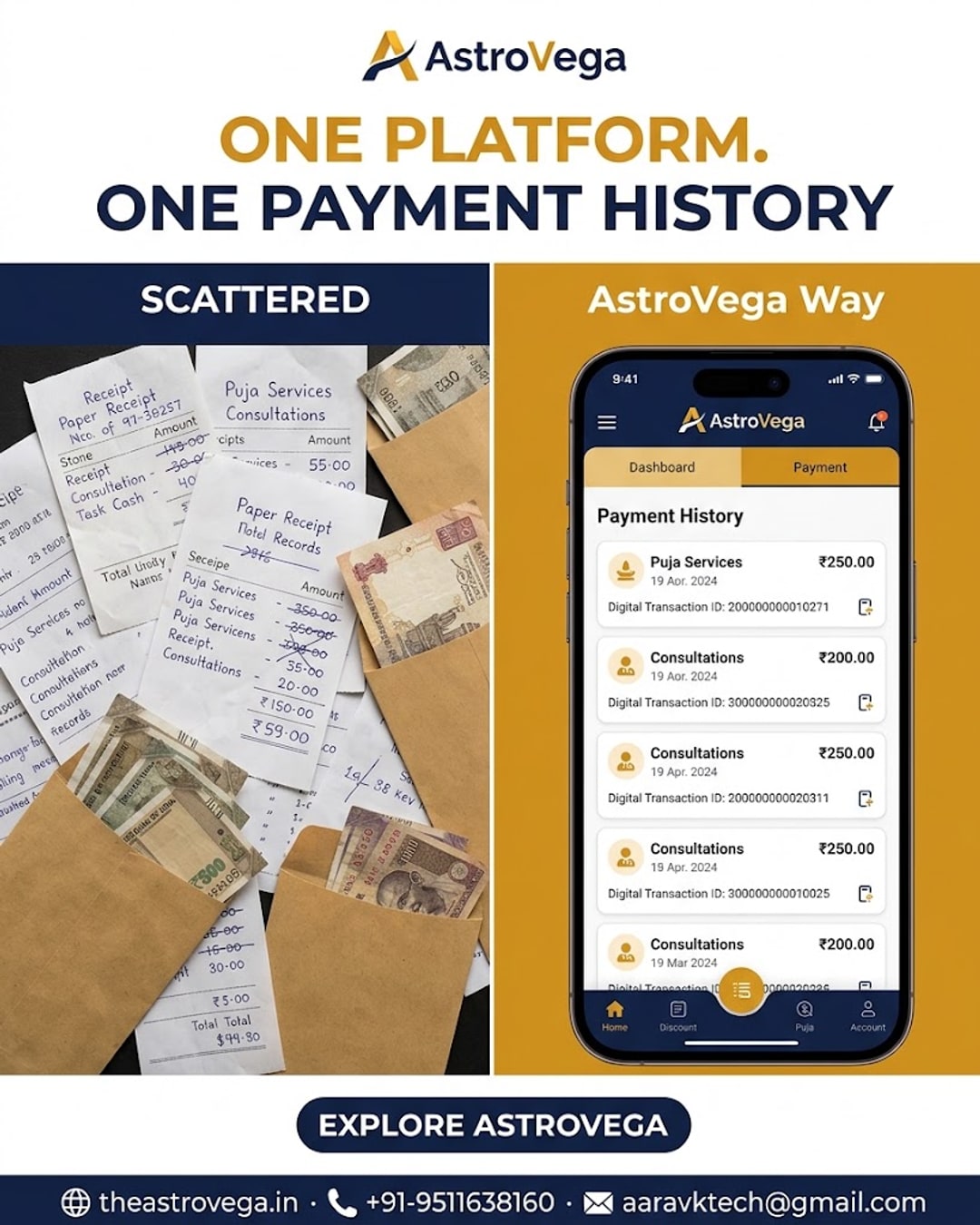Old Way vs AstroVega Way: scattered cash payments & lost receipts for puja and consultations vs one clear digital payment history on AstroVega