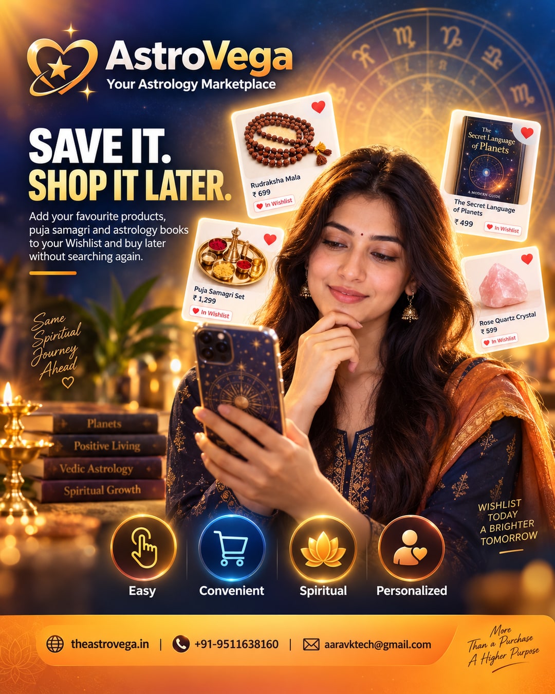 Lesser-known AstroVega feature: save products, puja samagri & astrology books to a Wishlist so you can revisit and buy later without searching again