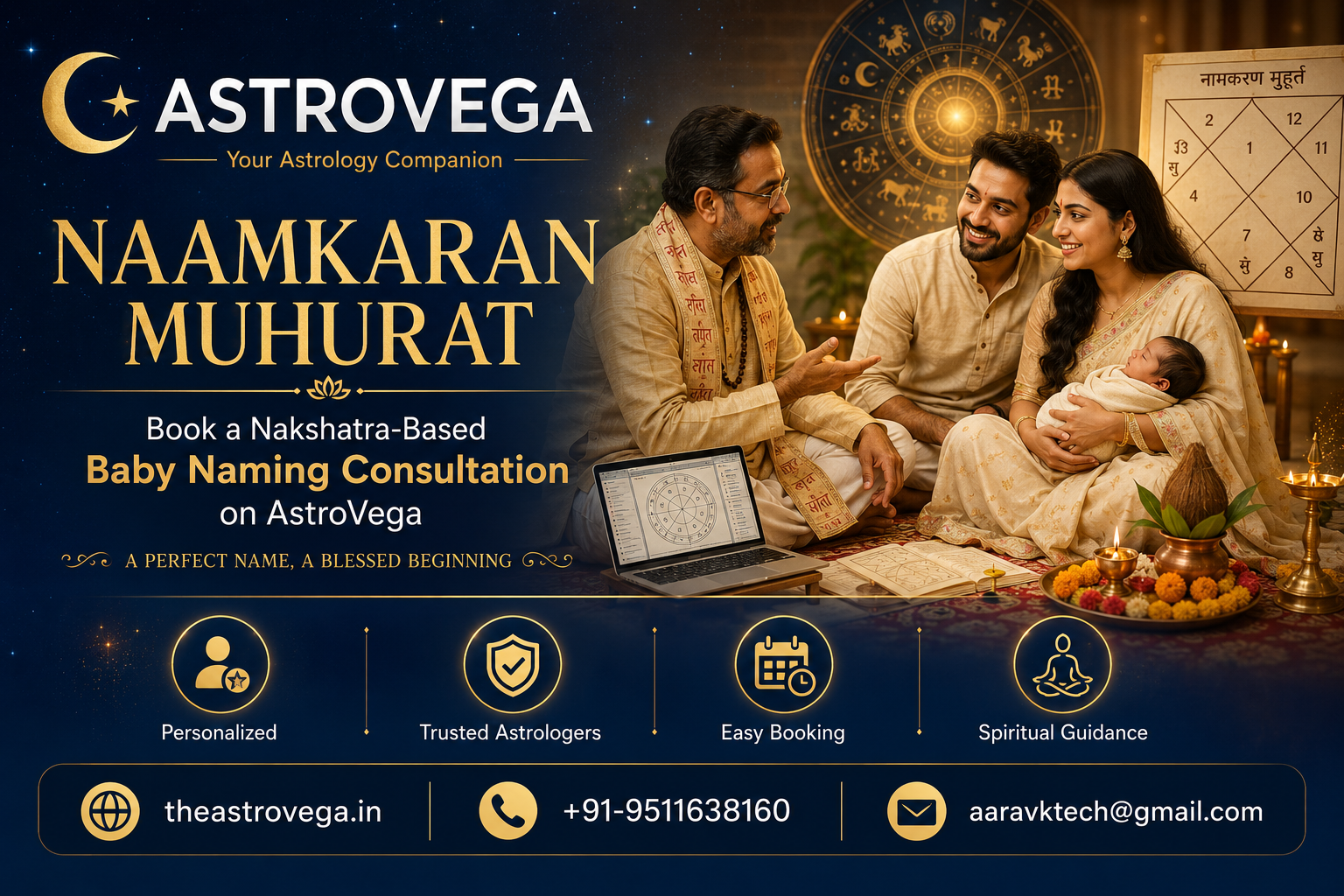 Naamkaran Muhurat: new parents booking a nakshatra-based baby naming consultation on AstroVega before the naming ceremony