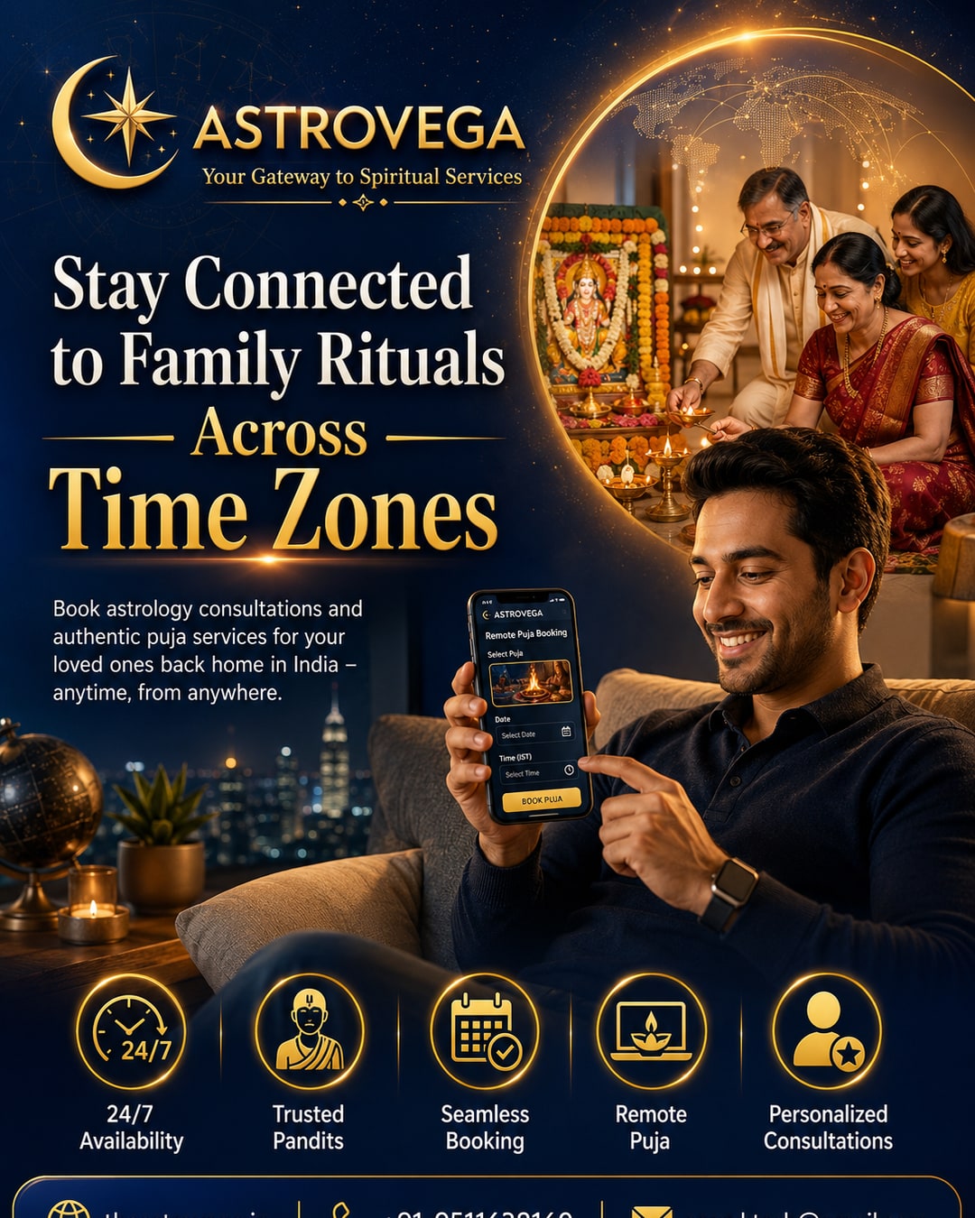 NRIs and overseas Indian families booking cross-timezone astrology consultations and remote puja services on AstroVega for events back home in India