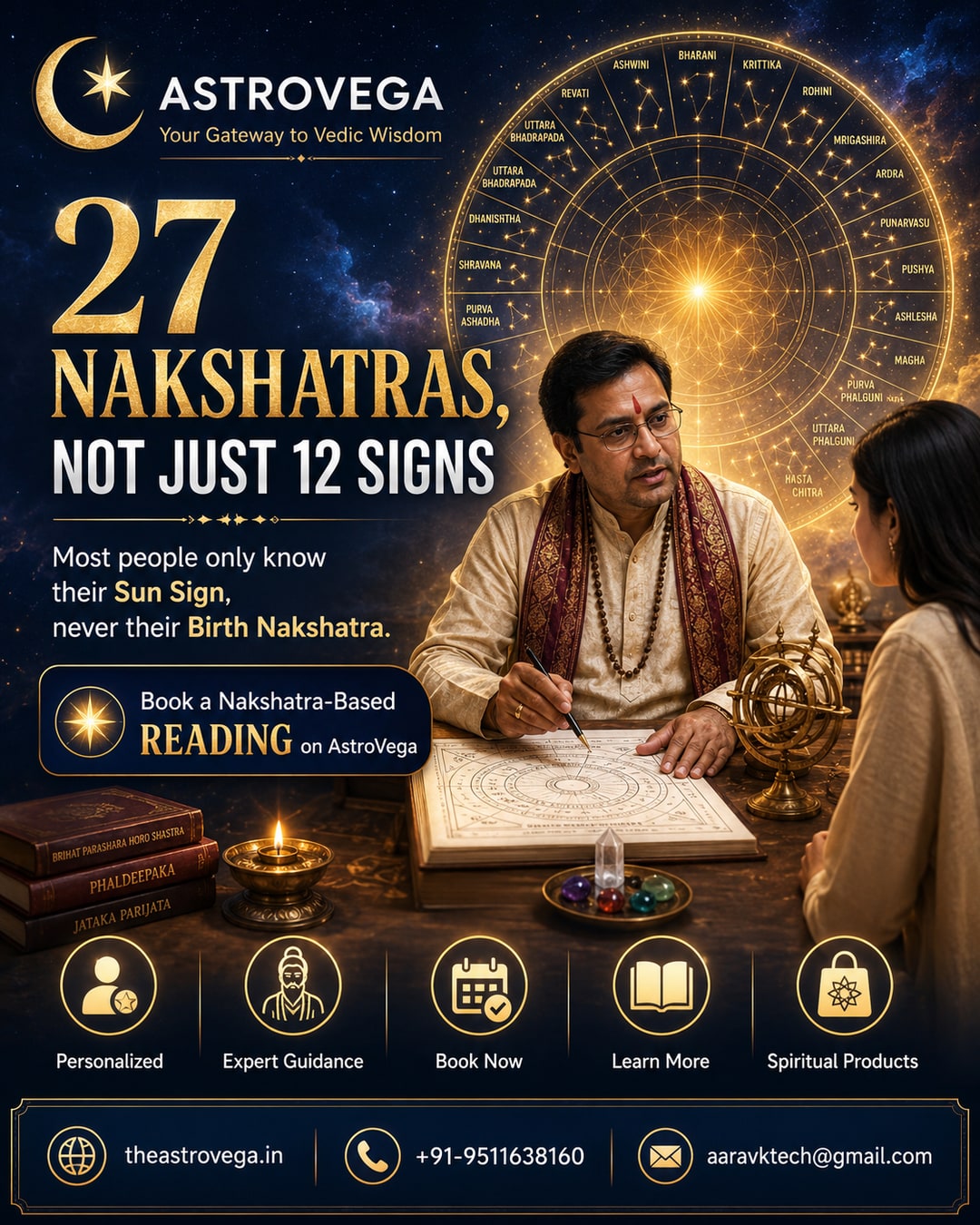 Bold stat hook: 27 nakshatras, not just 12 signs — most people only know their sun sign, never their birth nakshatra, book a nakshatra-based reading on AstroVega
