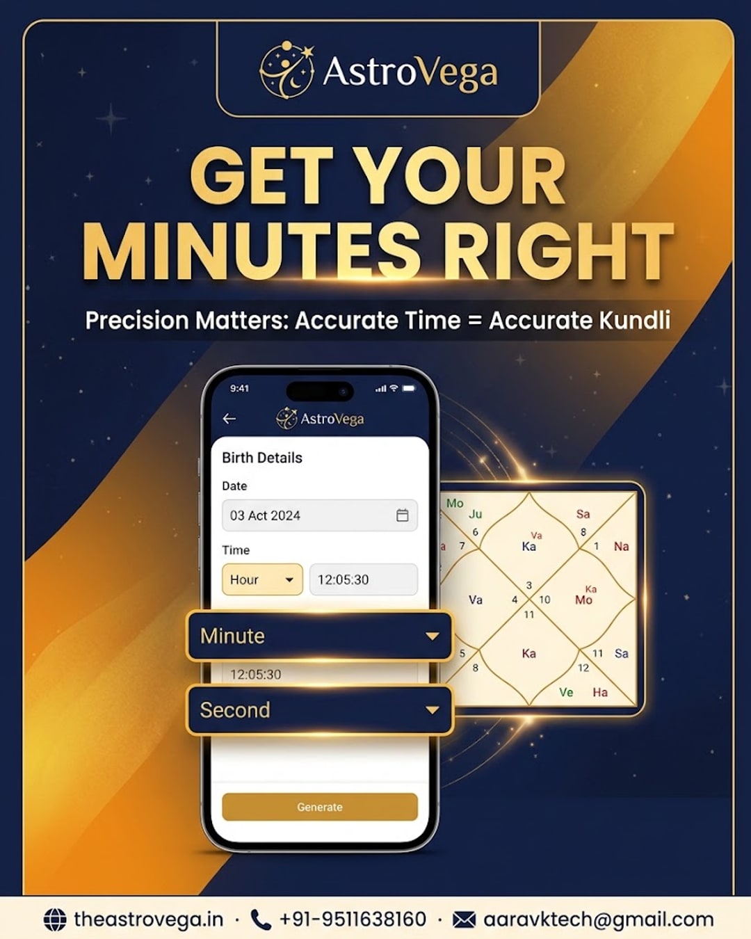 Quick tip: enter your birth time to the exact minute (not just the hour) before generating your AstroVega kundli, since even a few minutes' difference can shift your ascendant and house placements