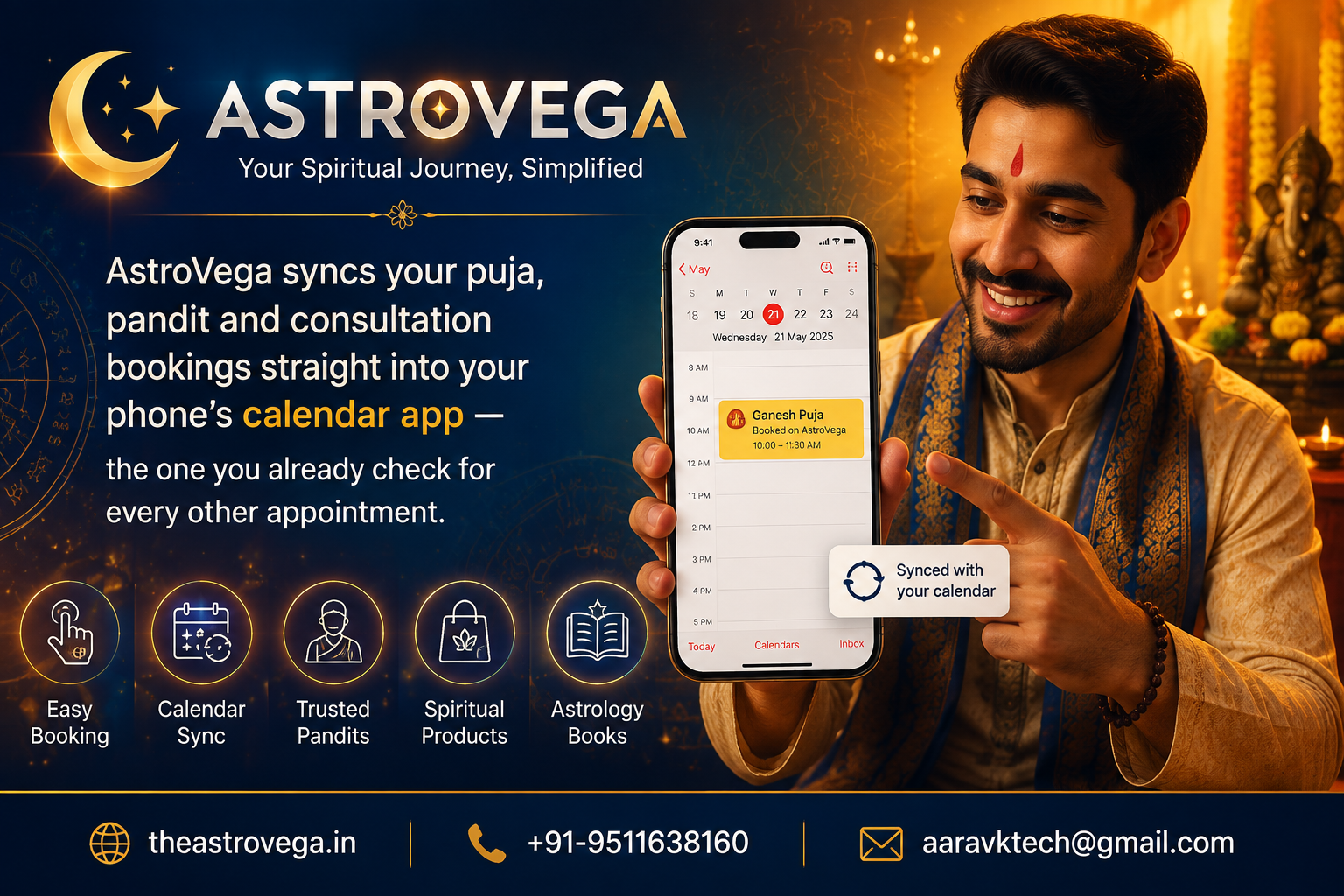 AstroVega syncs your puja, pandit and consultation bookings straight into your phone's calendar app — the one you already check for every other appointment
