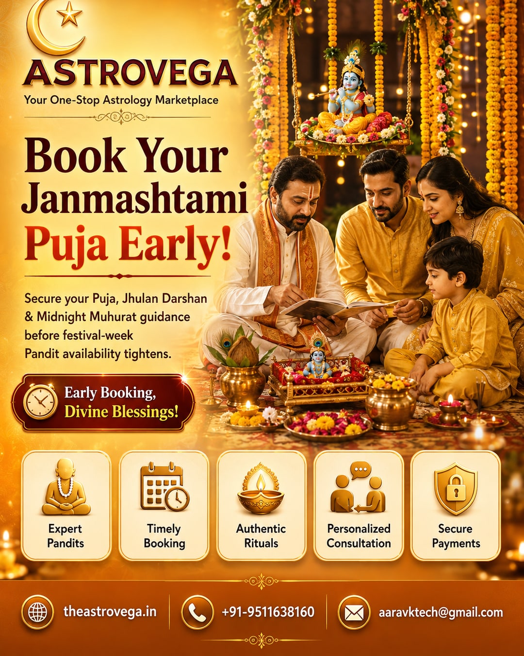 Janmashtami 2026 seasonal campaign: families booking Krishna Janmashtami puja, jhulan darshan setup and midnight muhurat guidance on AstroVega before festival-week Pandit availability tightens
