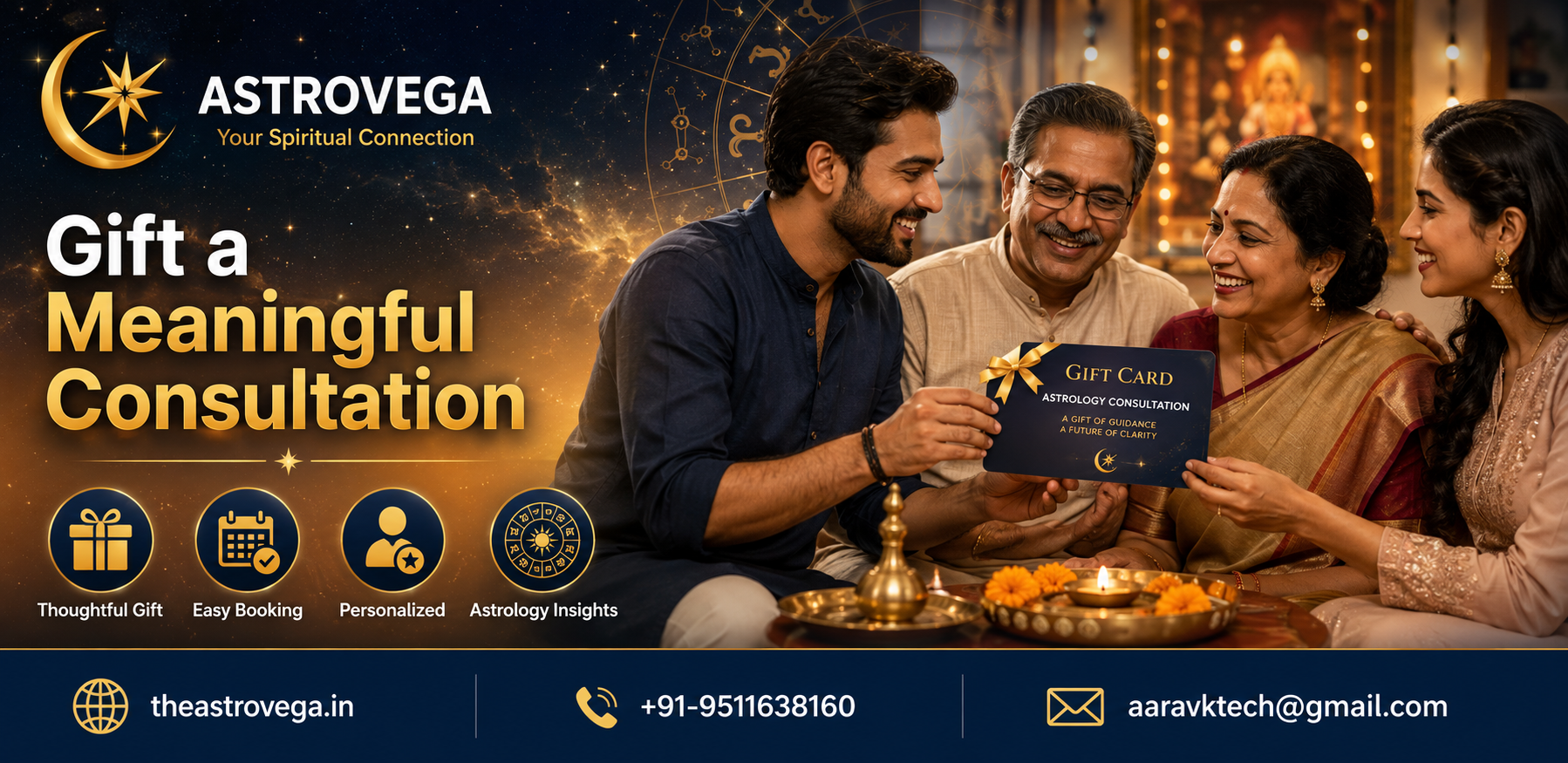Lesser-known AstroVega feature: gift a consultation or puja booking to a parent, sibling or friend — pay and book under their birth details, they simply receive the session