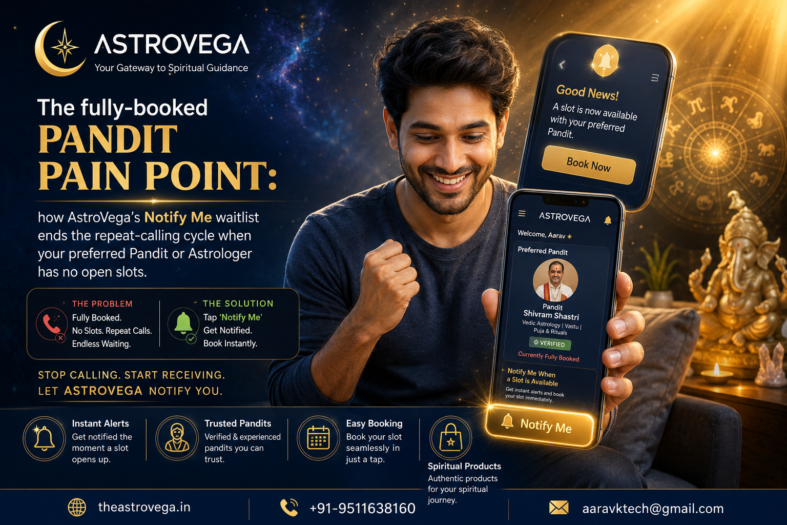 The fully-booked Pandit pain point: how AstroVega's Notify Me waitlist ends the repeat-calling cycle when your preferred Pandit or Astrologer has no open slots