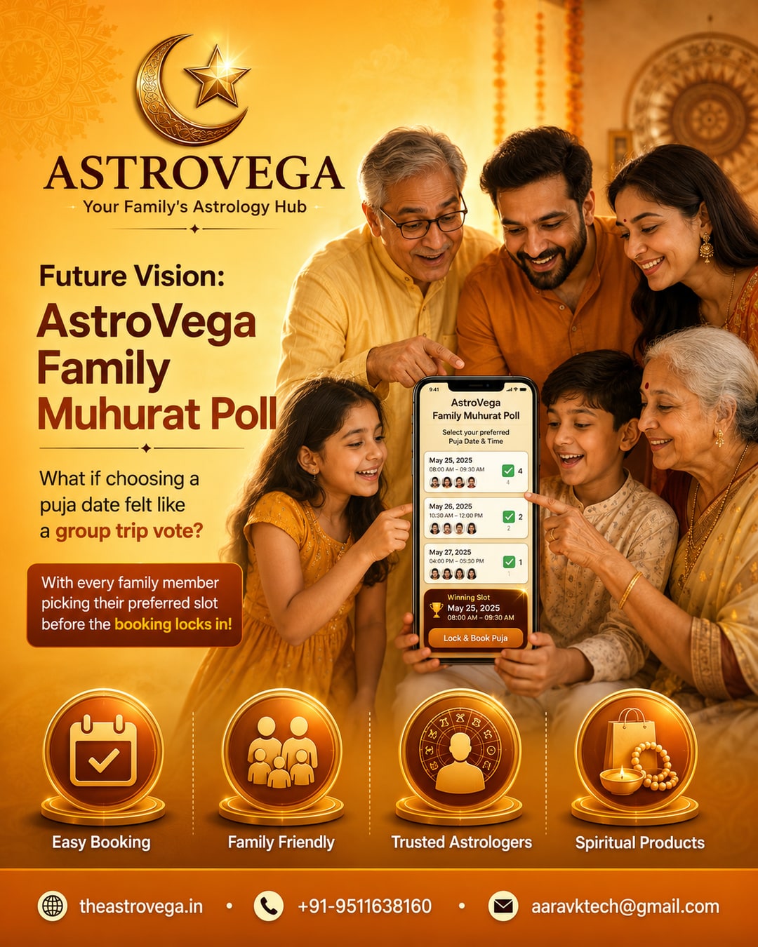 Future Vision: AstroVega Family Muhurat Poll — what if choosing a puja date felt like a group trip vote, with every family member picking their preferred slot before the booking locks in