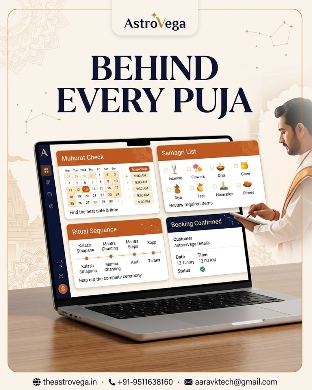 Behind-the-scenes: what a pandit actually prepares on AstroVega before they ever arrive at your puja — muhurat check, samagri list & ritual sequence