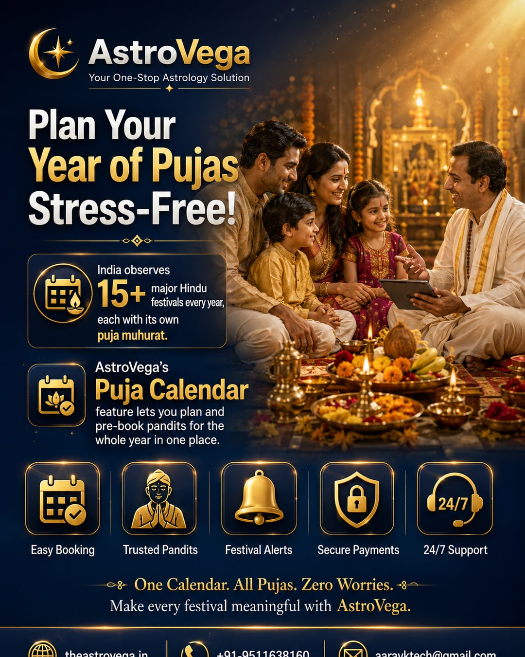 Bold stat hook: India observes 15+ major Hindu festivals every year, each with its own puja muhurat — AstroVega's Puja Calendar feature lets you plan and pre-book pandits for the whole year in one place
