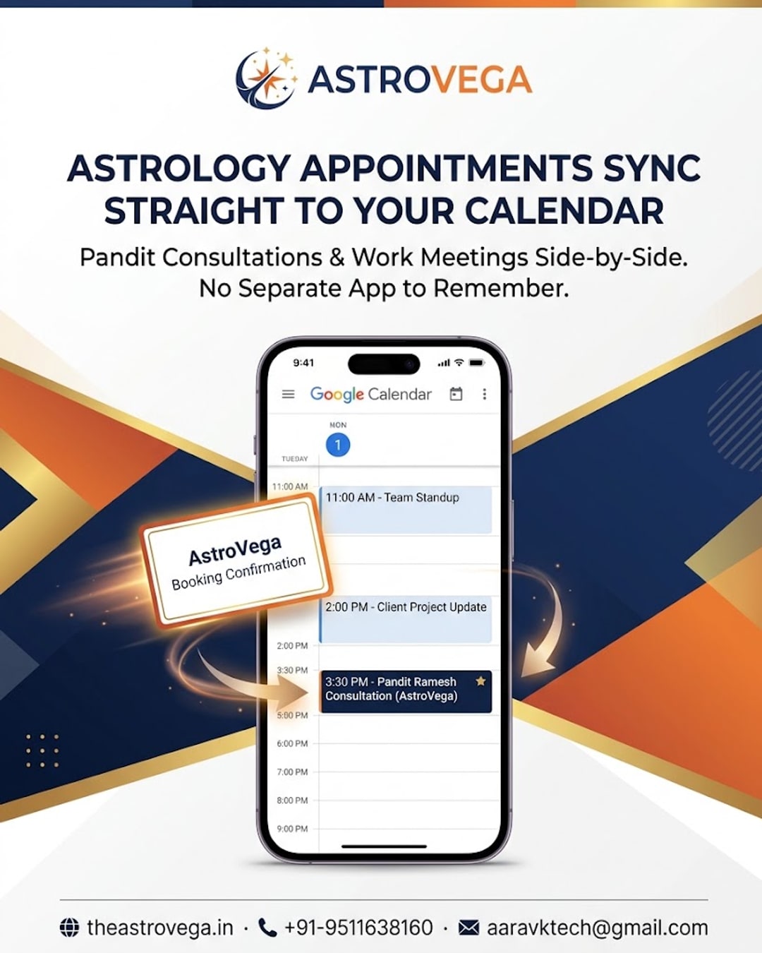 AstroVega bookings sync straight into your phone's calendar app - pandit and consultation appointments sit next to your work meetings, no separate app to remember
