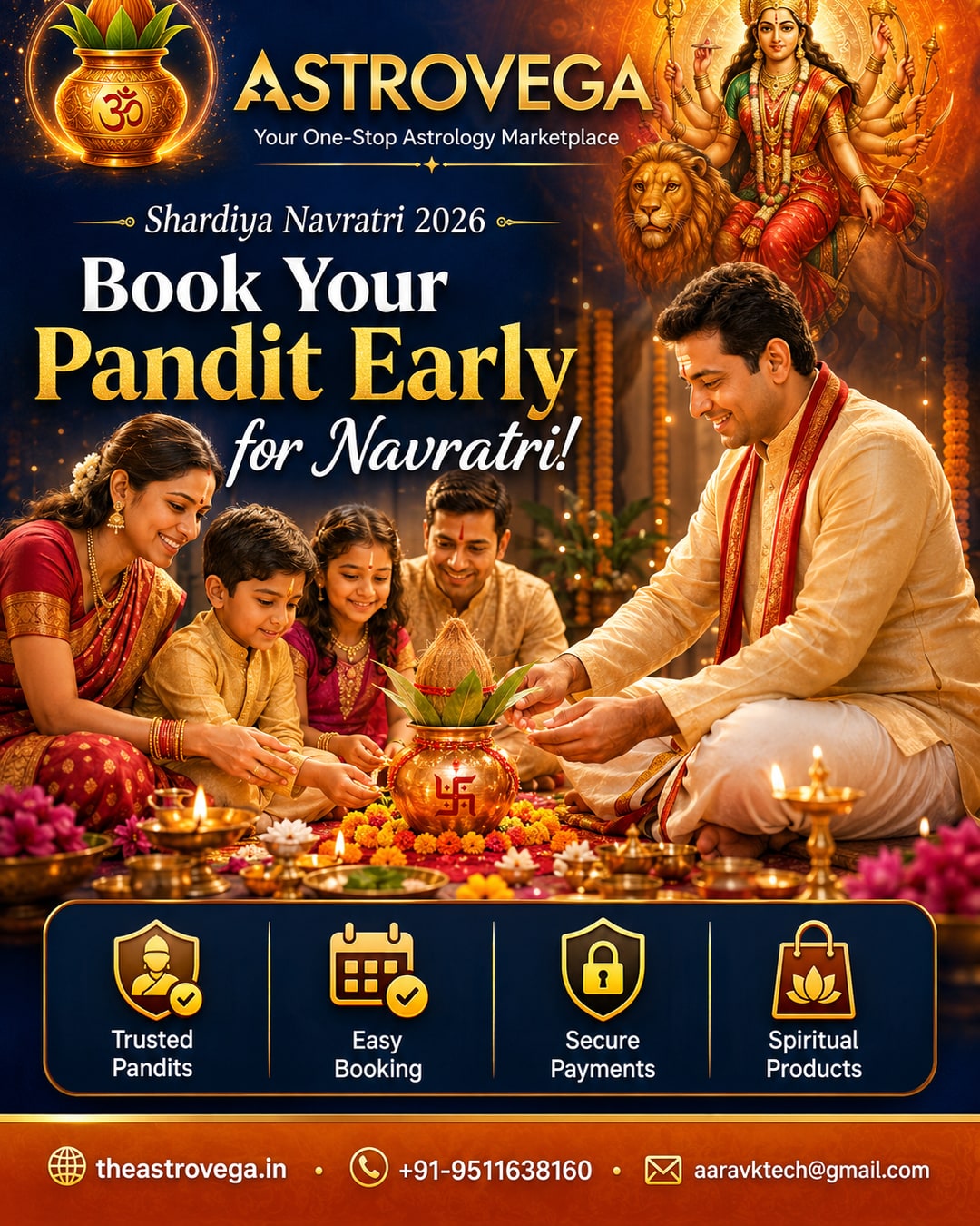 Shardiya Navratri 2026: Kalash Sthapana Muhurat & Durga Puja Booking Season on AstroVega