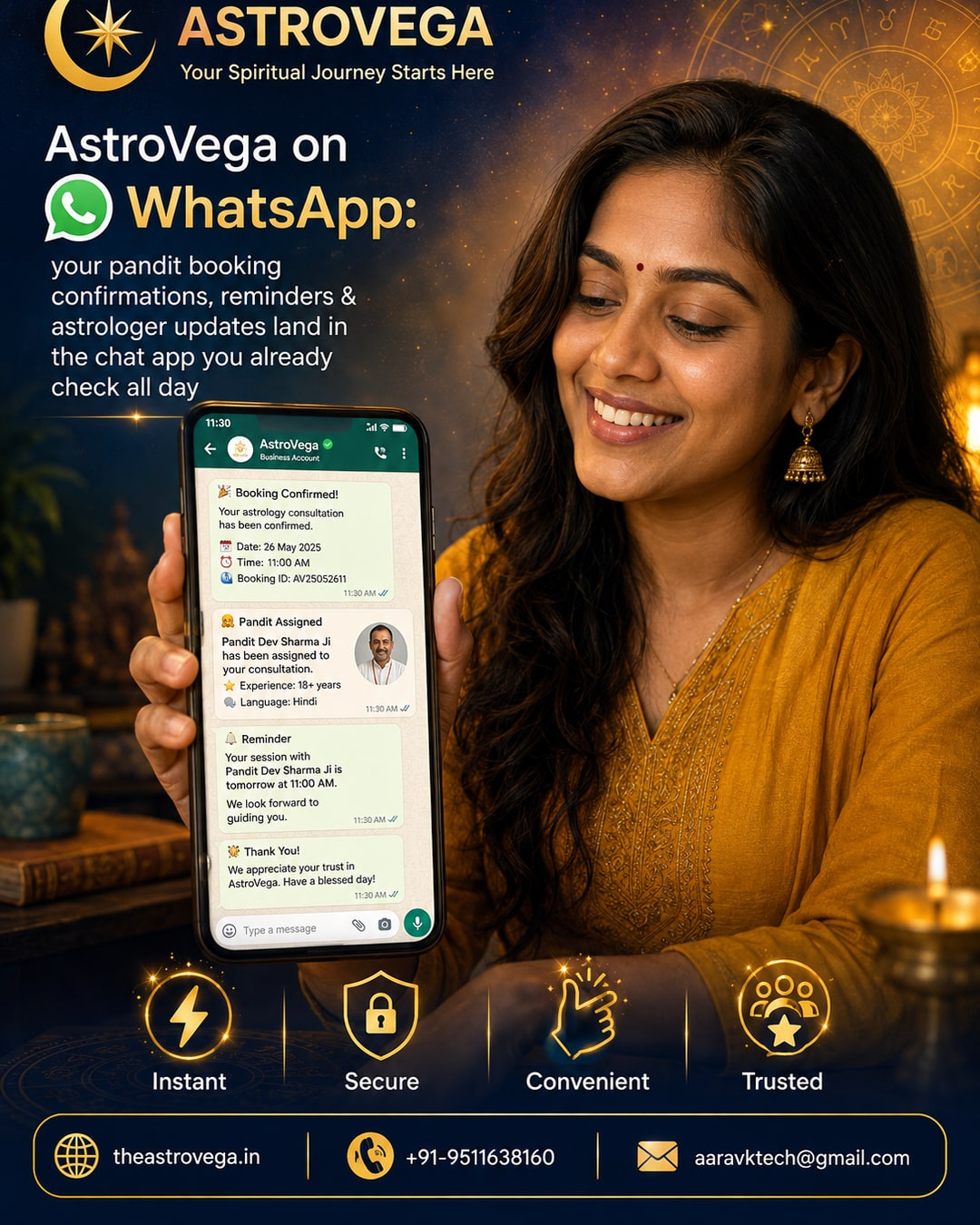 AstroVega on WhatsApp: your pandit booking confirmations, reminders & astrologer updates land in the chat app you already check all day
