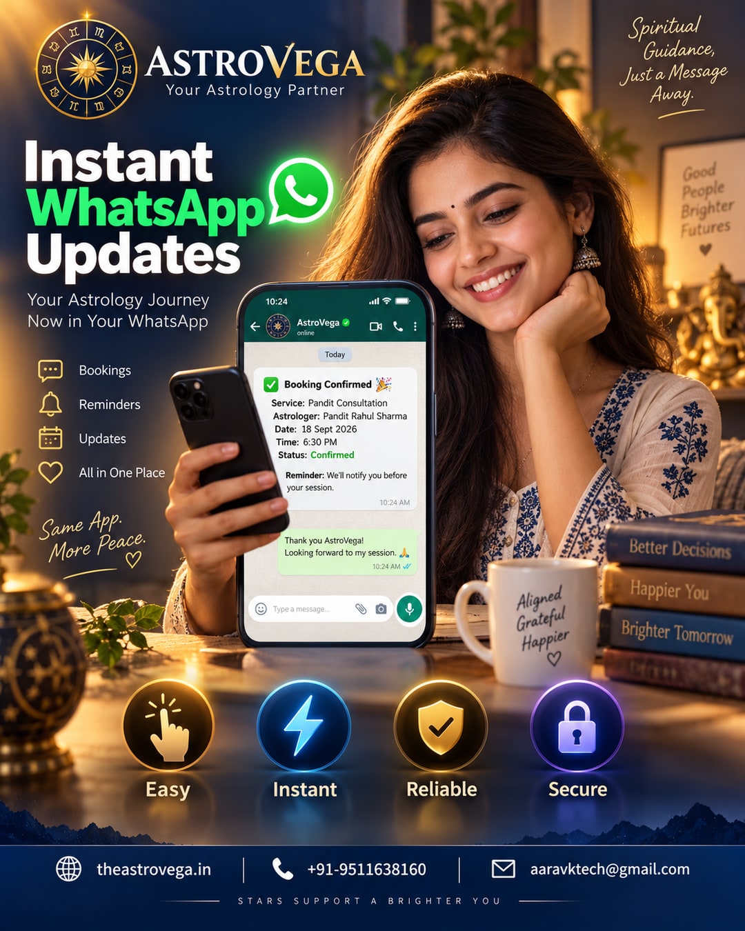 Workflow integration: AstroVega booking confirmations and reminders land straight in the WhatsApp you already check all day, no new app habit needed
