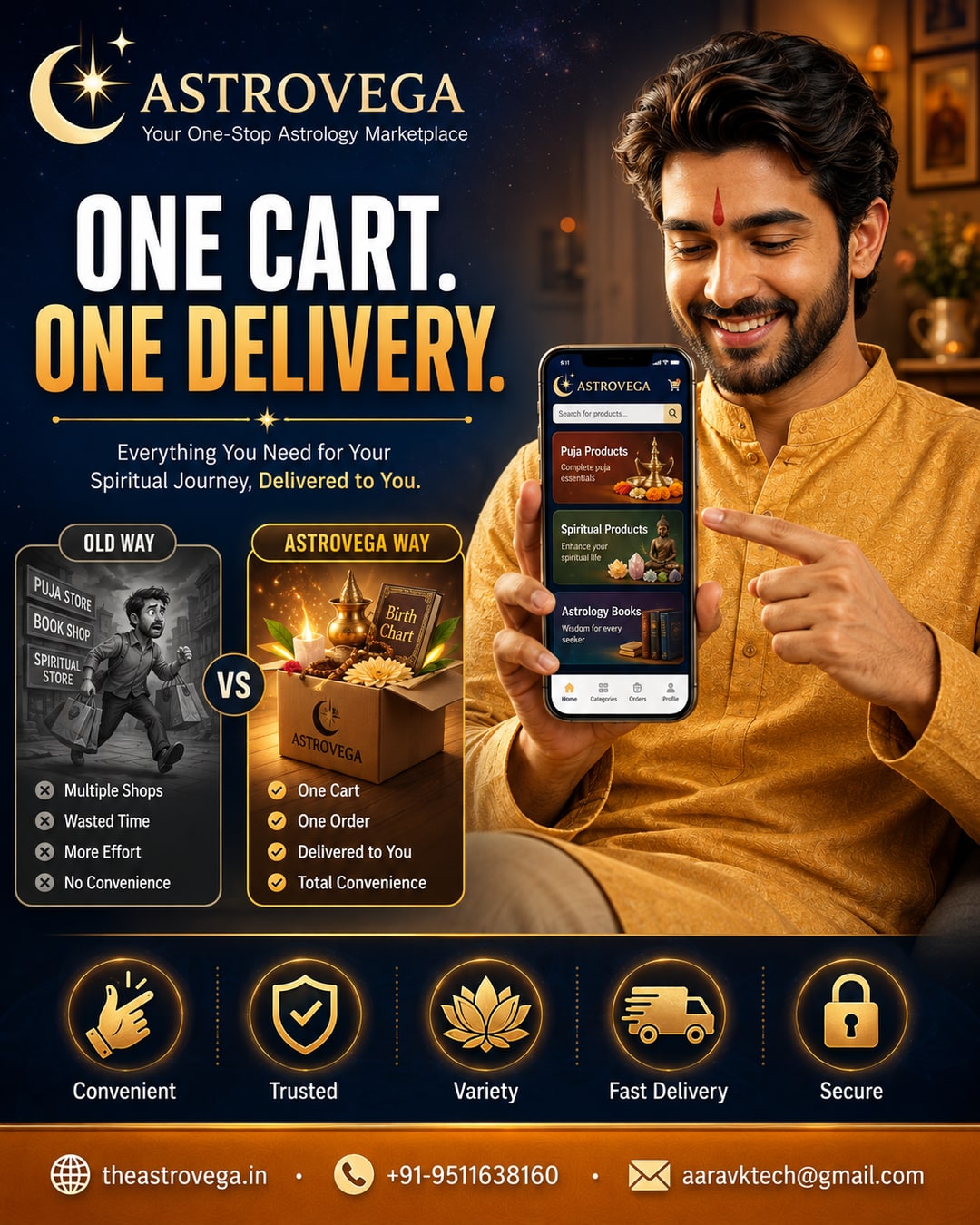 Old Way vs AstroVega Way: Running Between Shops for Puja Samagri & Astrology Books vs One Cart, One Delivery