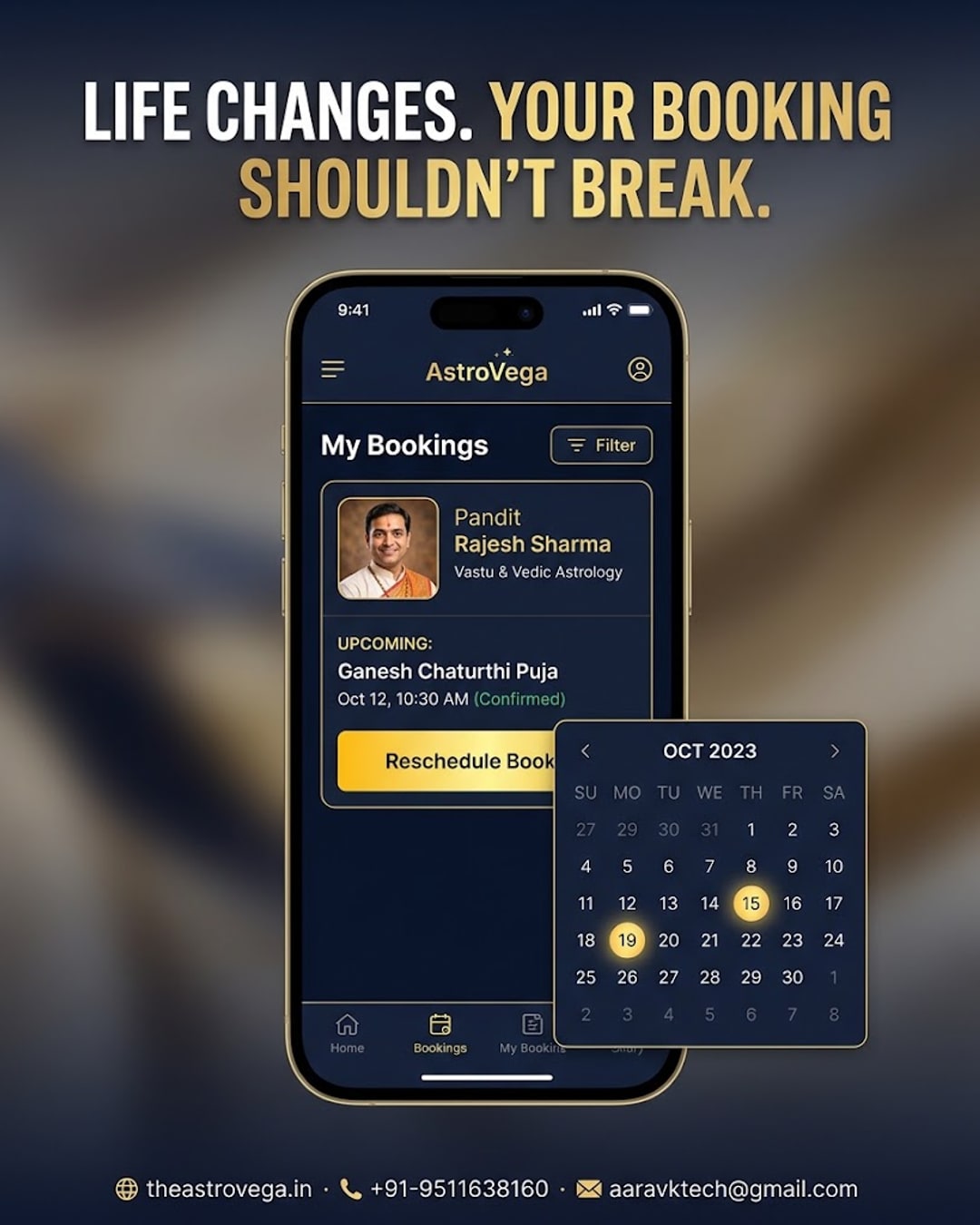 The Last-Minute Reschedule Pain Point: life happens — a sudden work call, a sick child, monsoon traffic — and a booked puja or consultation slot on other platforms is just lost, no refund, no fix. AstroVega lets you reschedule your pandit or astrologer bo