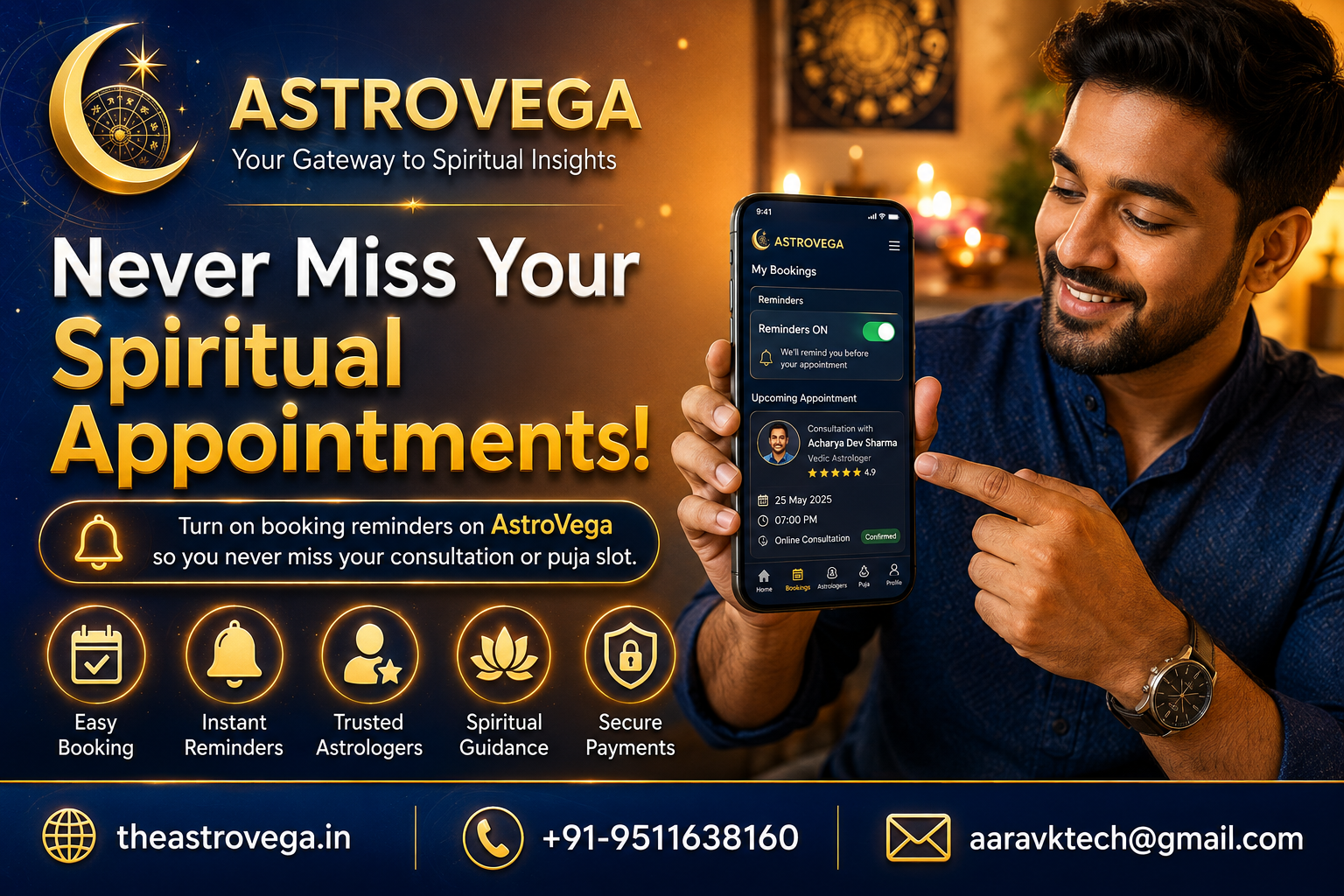 Quick tip: turn on booking reminders on AstroVega so you never miss your consultation or puja slot