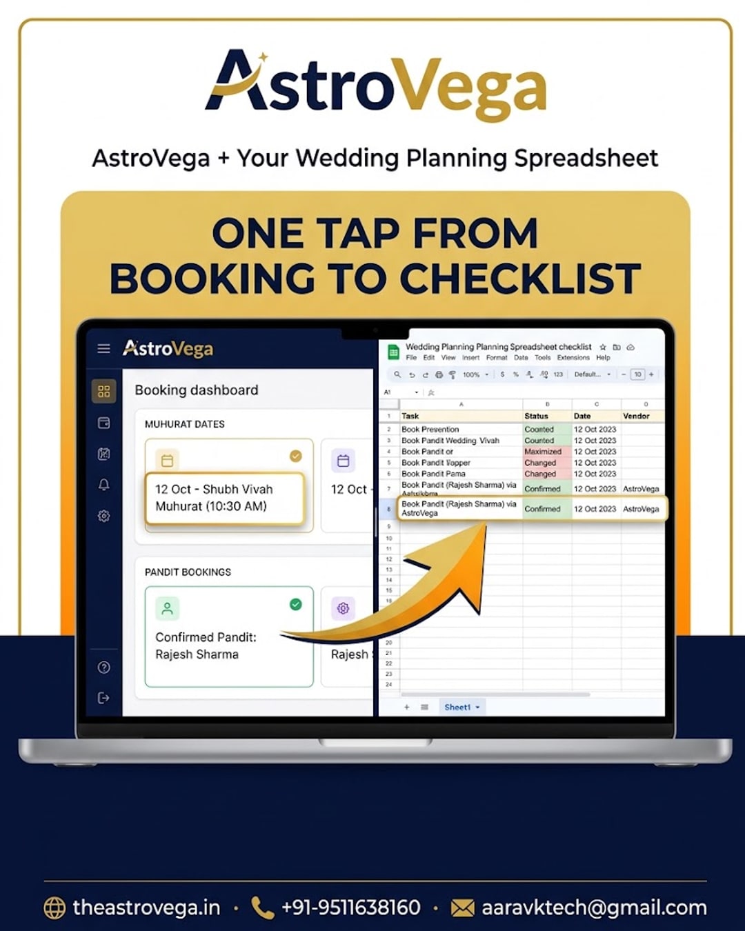 AstroVega + your wedding planning spreadsheet: export muhurat dates and pandit bookings straight into the checklist tool you're already using