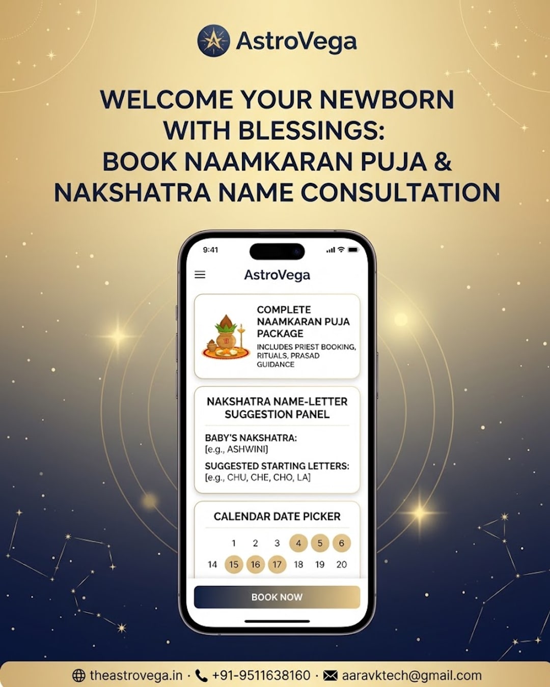 New parents booking a naamkaran (baby naming) puja and nakshatra-based name consultation on AstroVega within days of childbirth