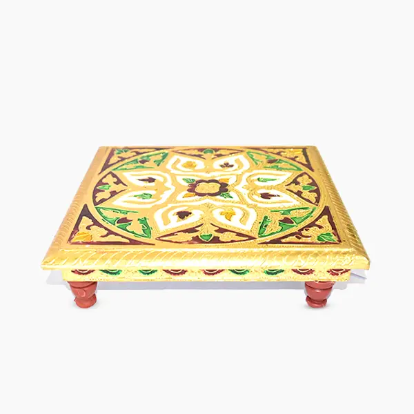 Yellow Puja Chowki, Wooden Peeli Puja Chowki, Size 7.5x7.5 Inch