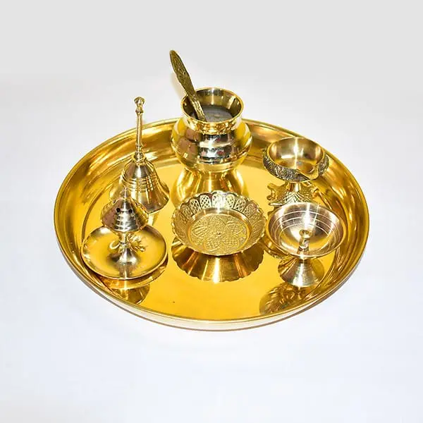 Puja Thali Set, Pure Brass Puja Thali Set With Deepak & Lota, Size 11x11 Inch