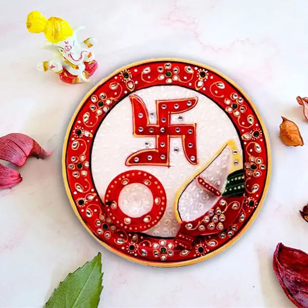 Swastik Shaped Pooja Thali, Swastik Marble Puja Thali, Size 5.5x5.5 Inch