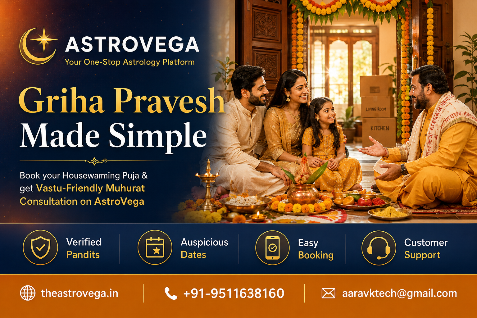 Griha Pravesh made simple: new homeowners booking a housewarming puja & vastu-friendly muhurat consultation on AstroVega before moving in