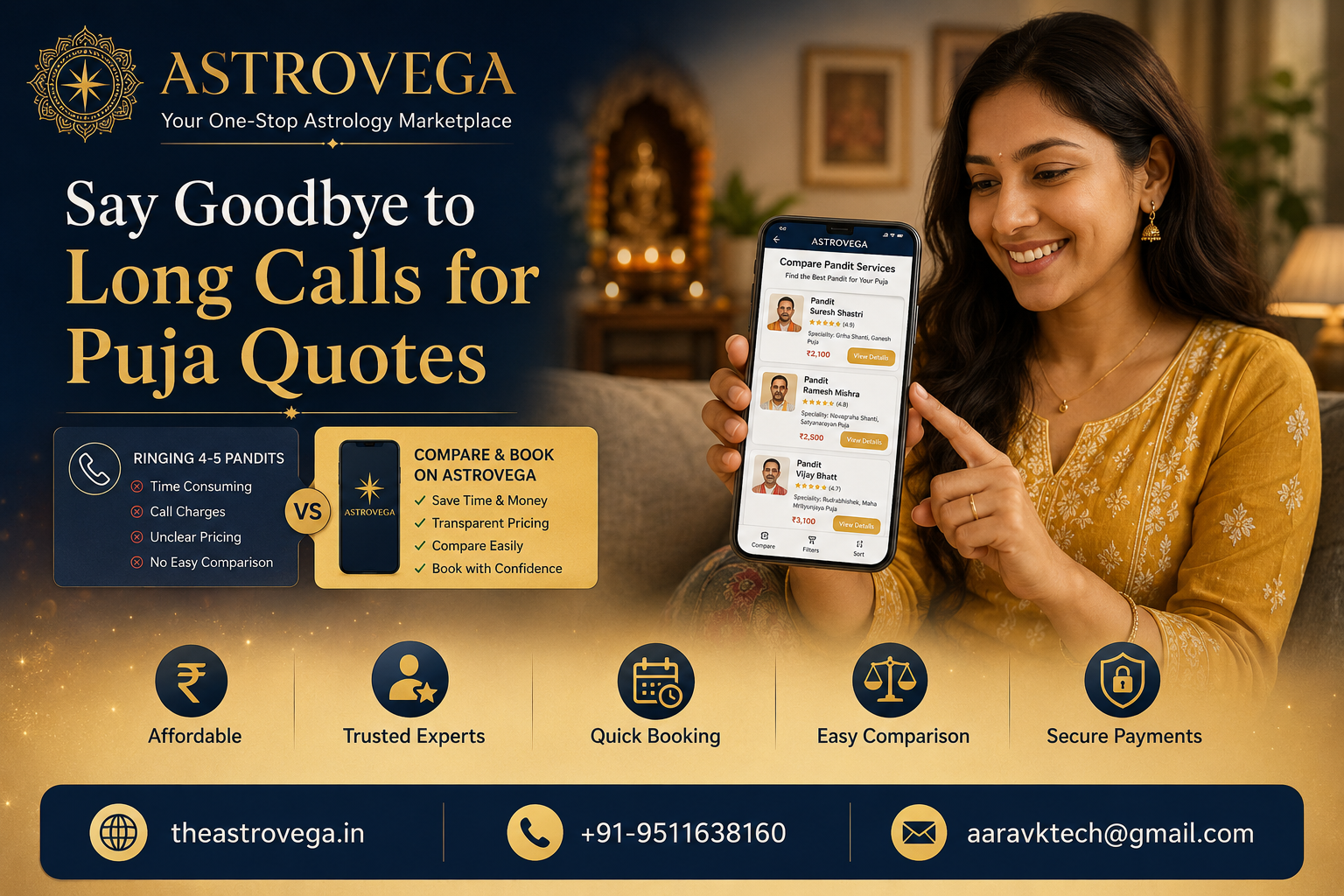 The Quote-Call Tally: the real time and phone-credit cost of ringing 4-5 pandits for puja quotes, versus comparing listed services on AstroVega before you dial a single number
