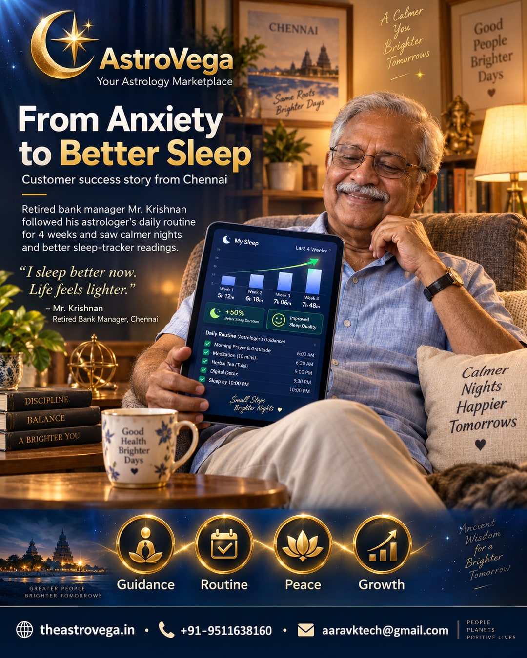 Customer success story: a Chennai retired bank manager booked an AstroVega consultation about pre-retirement anxiety, followed the astrologer's suggested daily routine, and tracked better sleep-tracker readings over 4 weeks