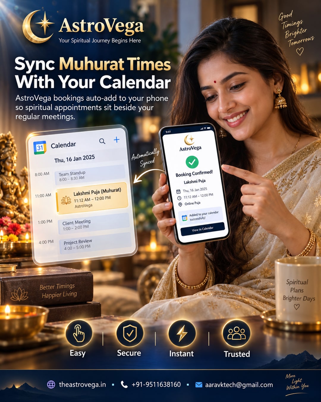 Workflow integration: AstroVega bookings auto-add to your phone's calendar app, so muhurat times sit right beside your regular meetings