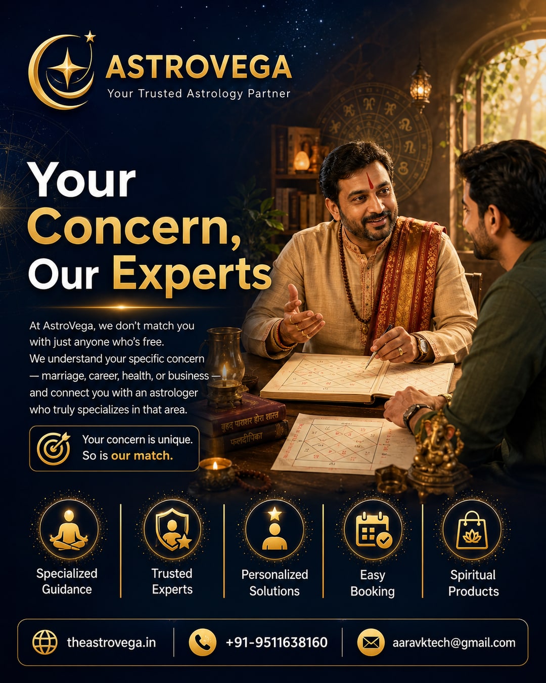 Behind-the-scenes: how AstroVega automatically matches your specific concern (marriage, career, health, business) to an astrologer who specializes in that area during consultation booking, not just whoever is free