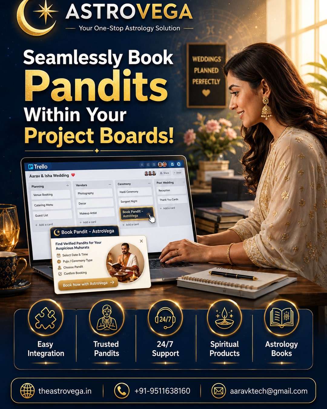Workflow-integration angle: wedding and event planners embed an AstroVega Pandit/muhurat booking link directly into the Trello or Asana project board they already run for a client's wedding, instead of tracking astrology bookings as a separate offline to-