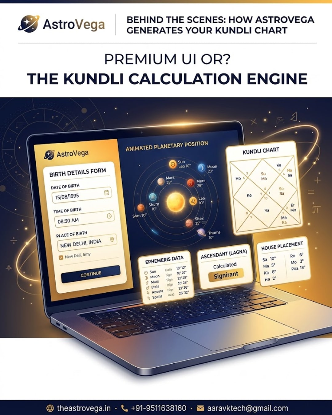 Behind-the-scenes: how AstroVega turns your birth date, time & place into a kundli chart — the astronomical calculation engine behind the report