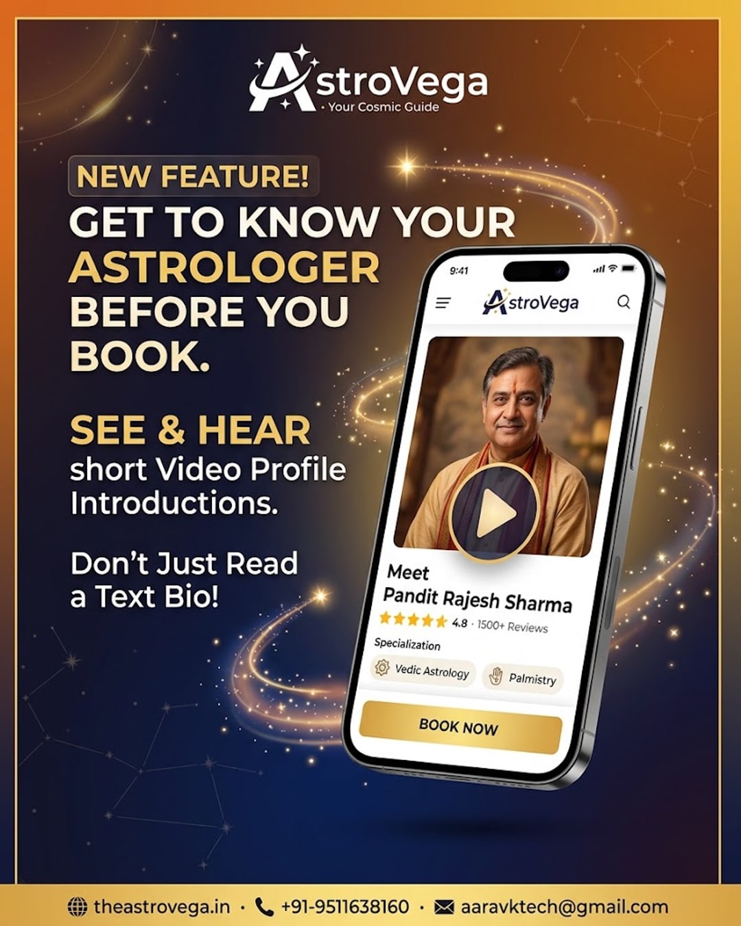 Lesser-known feature: AstroVega's short video profile introduction lets you see and hear a Pandit or Astrologer before you book, not just read a text bio
