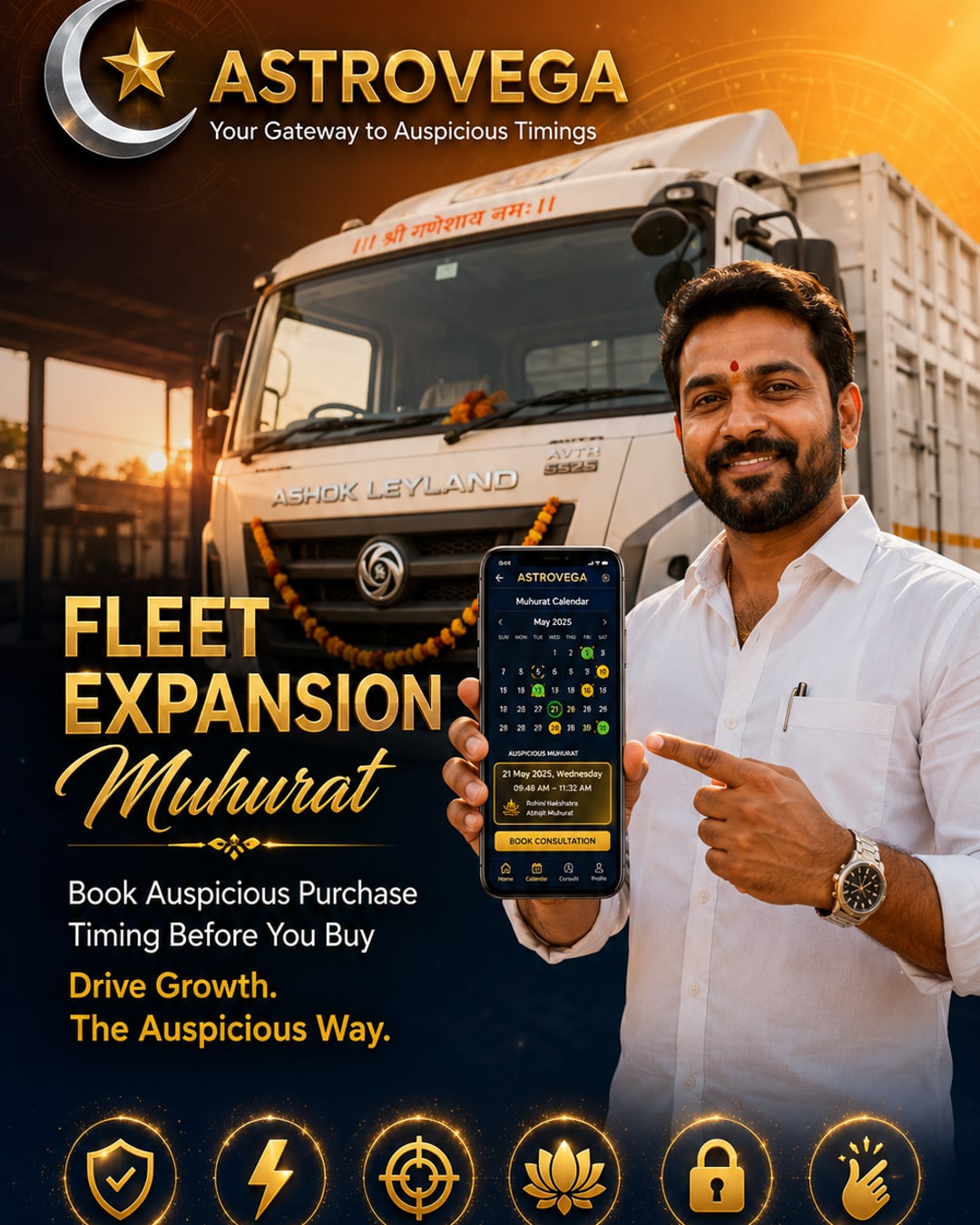 Fleet expansion muhurat: transport & logistics business owners booking an auspicious purchase timing consultation on AstroVega before buying a new commercial truck or vehicle