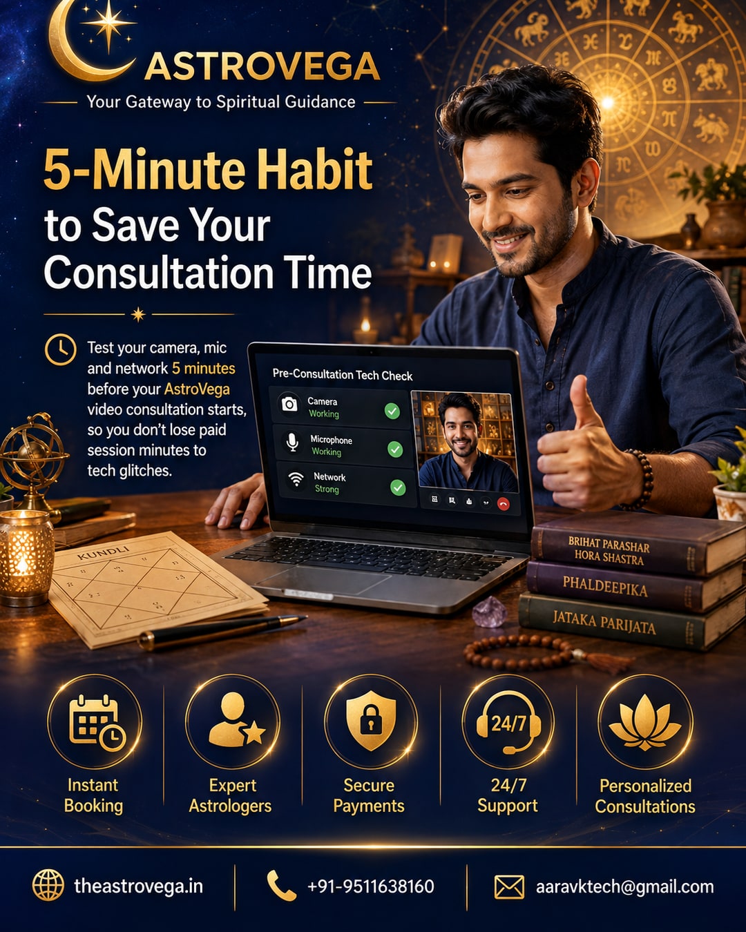 Quick tip: test your camera, mic and network 5 minutes before your AstroVega video consultation starts, so you don't lose paid session minutes to tech glitches