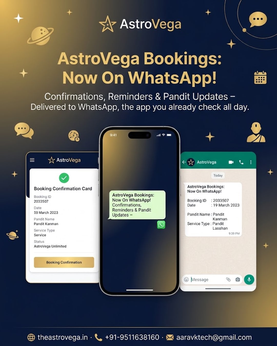 AstroVega booking confirmations, reminders and pandit updates delivered straight to WhatsApp, the app you already check all day
