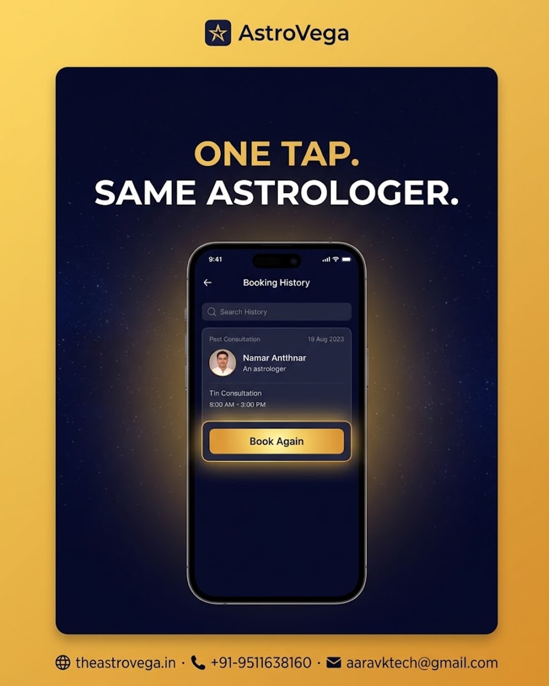 Lesser-known AstroVega feature: rebook your last astrologer in one tap straight from booking history — no searching again
