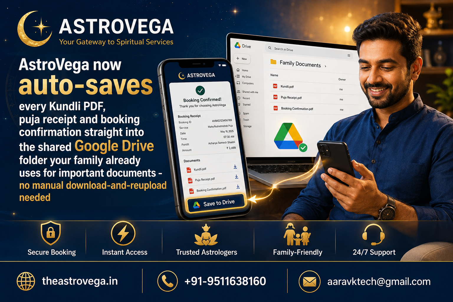 AstroVega now auto-saves every Kundli PDF, puja receipt and booking confirmation straight into the shared Google Drive folder your family already uses for important documents - no manual download-and-reupload needed