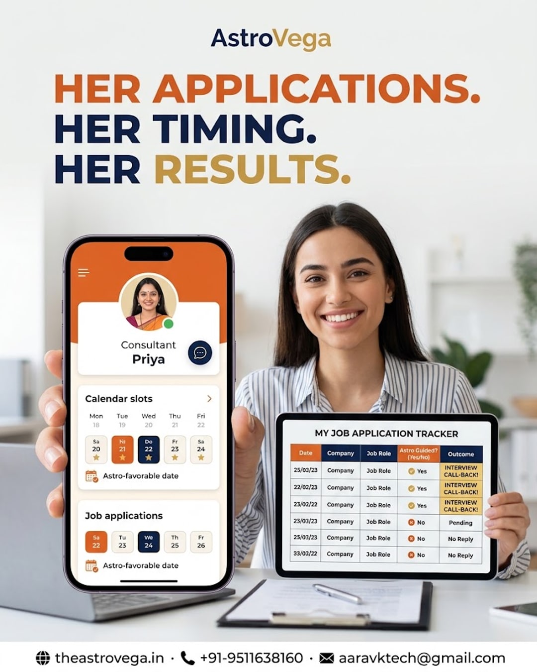 Customer success story: a job-seeker booked an AstroVega career astrology consultation before finalising her job-application timeline, followed the astrologer's suggested days to submit applications, and tracked a real jump in interview call-backs in her