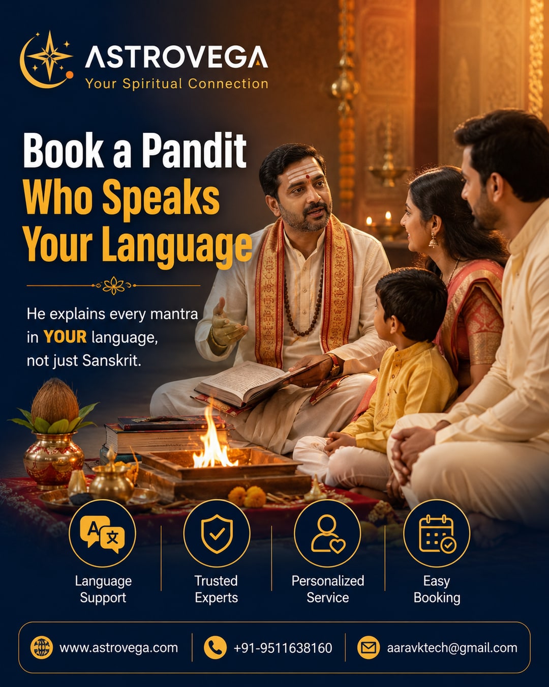 Book a pandit who explains every mantra in YOUR language, not just Sanskrit