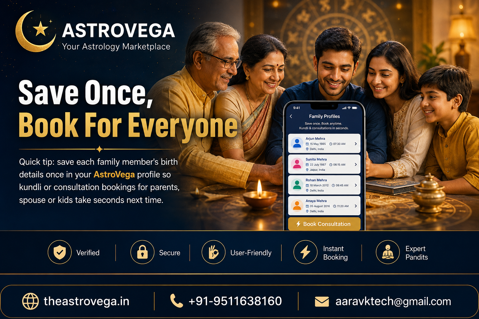 Quick tip: save each family member's birth details once in your AstroVega profile so kundli or consultation bookings for parents, spouse or kids take seconds next time