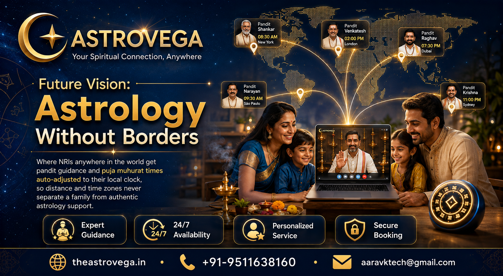 Future Vision: A Borderless AstroVega — where NRIs anywhere in the world get pandit guidance and puja muhurat times auto-adjusted to their local clock, so distance and time zones never separate a family from authentic astrology support