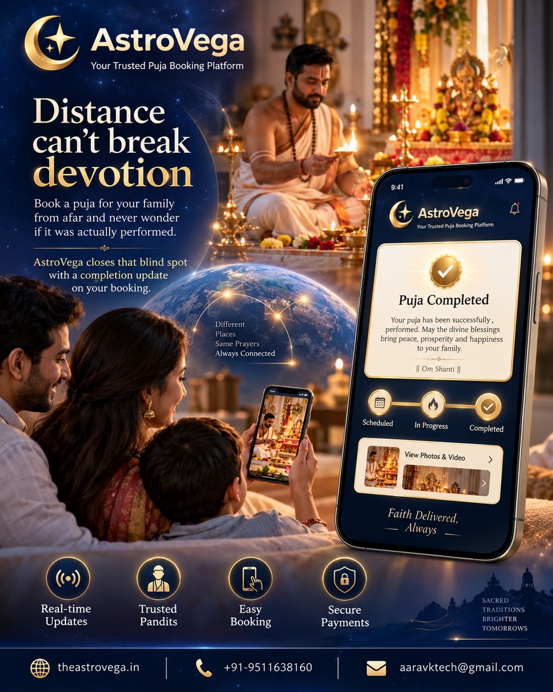 The proof-it-happened gap: booking a puja for family from afar and never knowing if it was actually performed - AstroVega closes that blind spot with a completion update on your booking