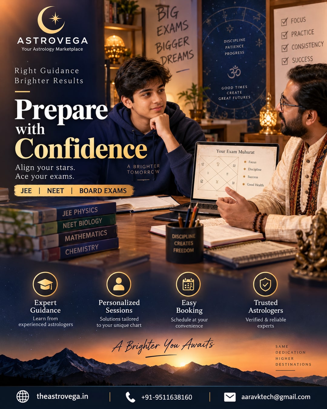 Board & competitive exam season: students and parents booking an exam-prep muhurat consultation on AstroVega before JEE/NEET/board exams